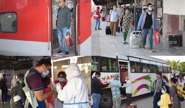 Lockdown; Return of stranded people to J&K  Govt brings back 74218 stranded JK residents through 16 COVID special trains, 3 flights, buses till date  District admins evolve multi-pronged strategy to ensure safety of returnees, staff