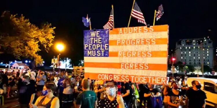 Protesters gather in an attempt to drown out Trump’s speech