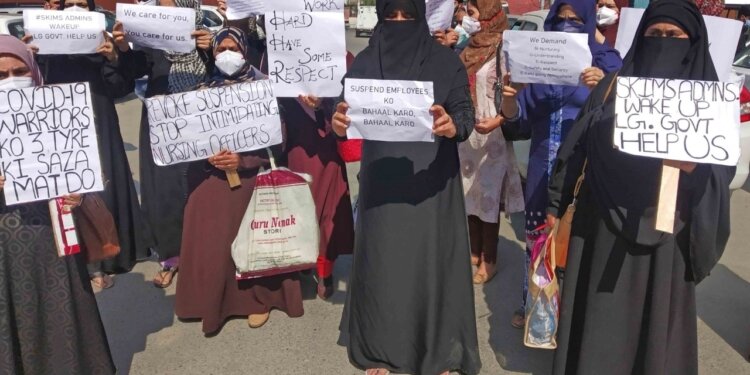 Skims : Female Nursing Staff Stages protest against Three-Tier Shift System