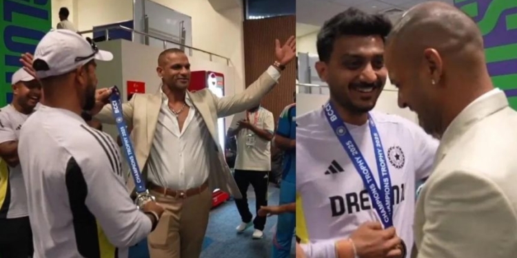 Shikhar Dhawan presents Axar ‘Fielder of the Match’ medal after win over Pakistan