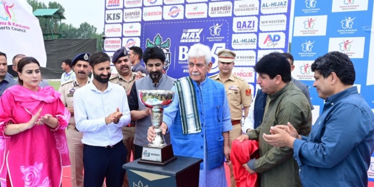 LG Manoj Sinha interacts with players at Bijbehara Premier League in Anantnag