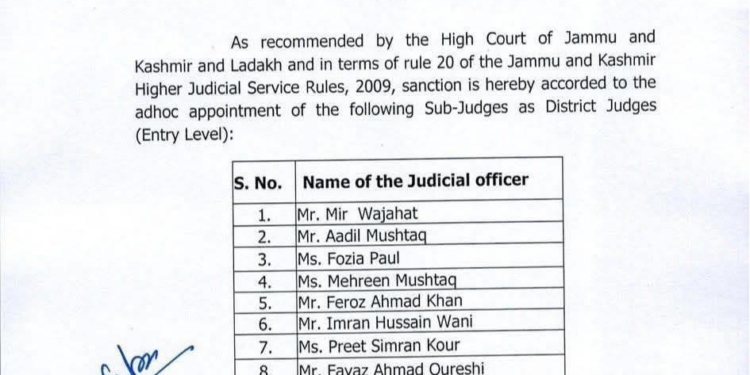 J&K Govt Appoints Ten District Judges on Adhoc Basis