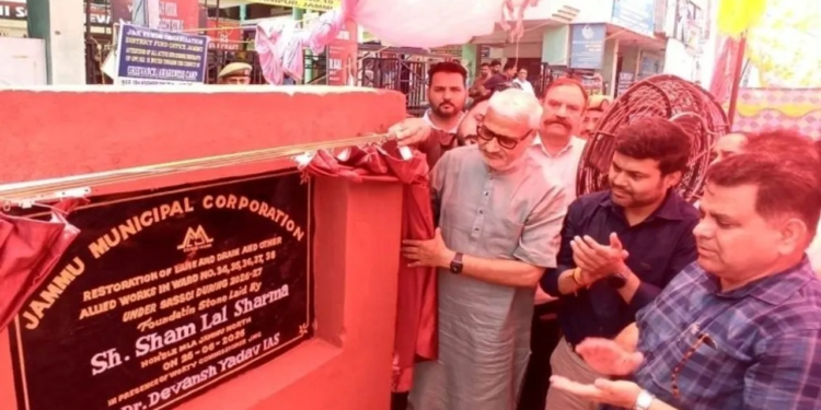 MLA, JMC Commissioner lay foundation stone for flood restoration works in Janipur